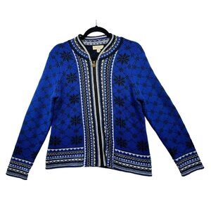 Appleseeds Womens Nordic Knit Cardigan Sweater Petites PM Blue & Black Full Zip